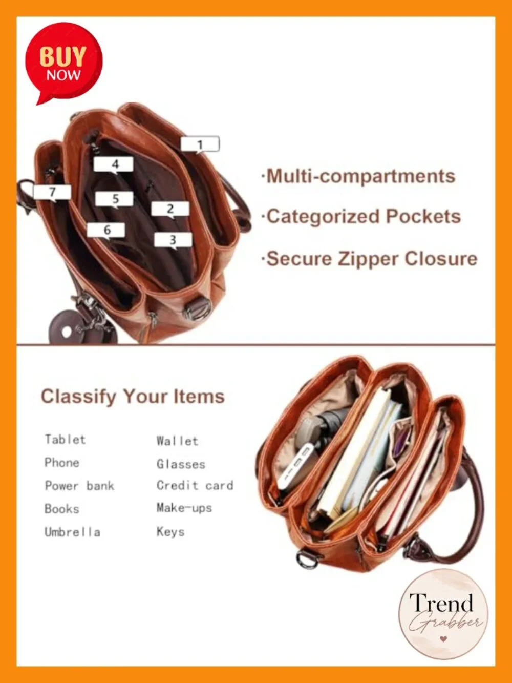 Vegan Leather Satchel Handbag with Multiple Pockets and Compartments